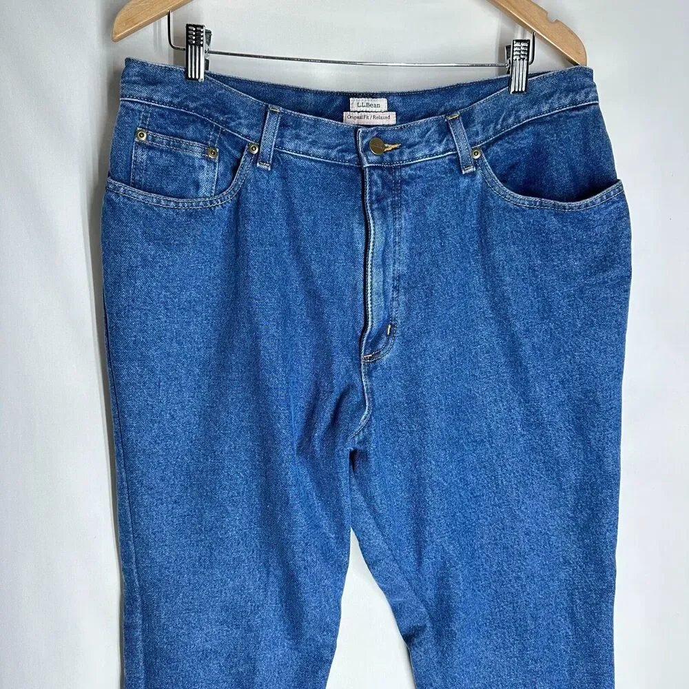 LL BEAN Womens Relaxed Fit Flannel Lined Jeans Size 18 Petite Blue Cotton